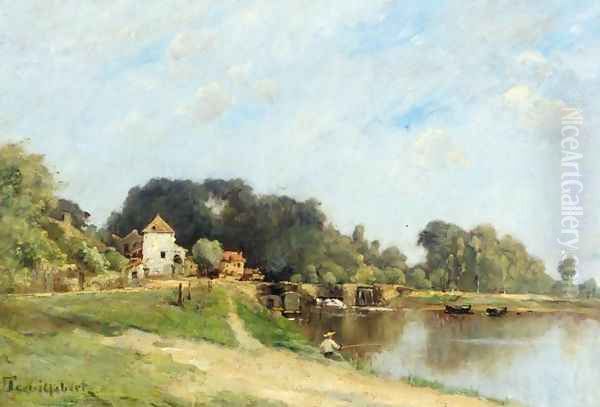 P&ecirc;cheur &agrave; cote d'une rivi&egrave;re Oil Painting by Paul Trouillebert