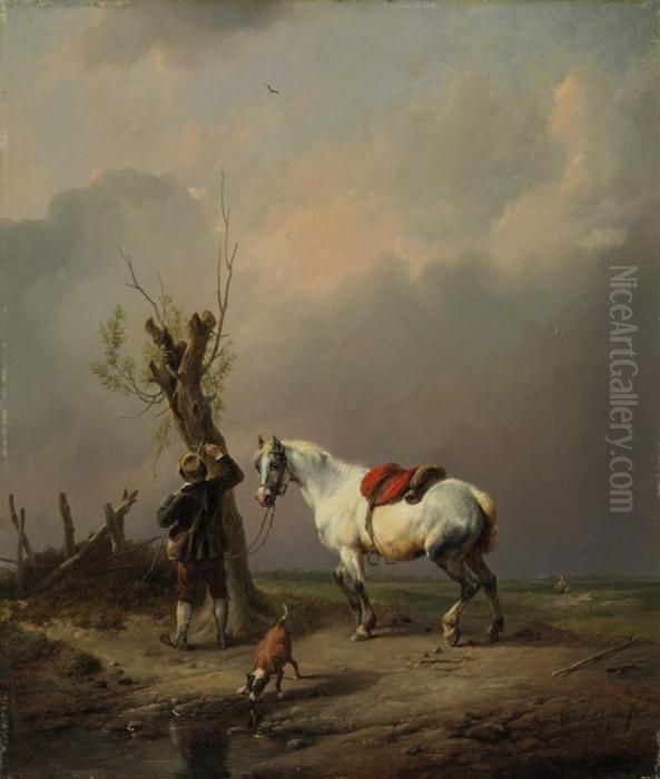 A White Horse, Dog And Rider At Rest Oil Painting by Eugene Joseph Verboeckhoven