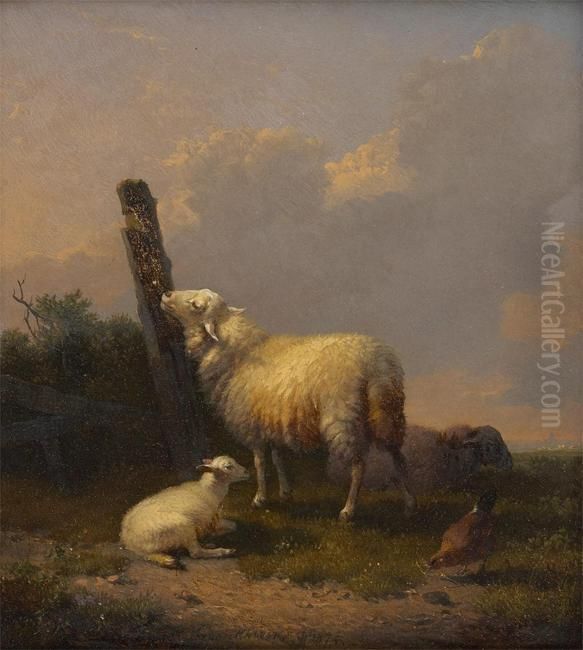 Brebis, Agneau Et Poule A La Barriere Oil Painting by Eugene Joseph Verboeckhoven