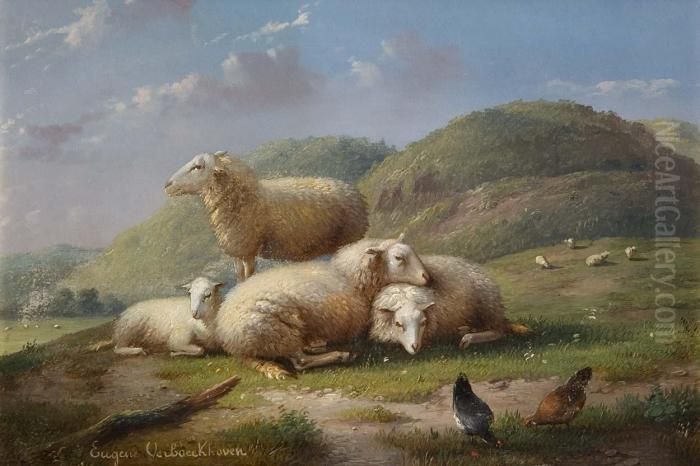 Schafe Und Huhner In Romantischer Hugellandschaft Oil Painting by Eugene Joseph Verboeckhoven