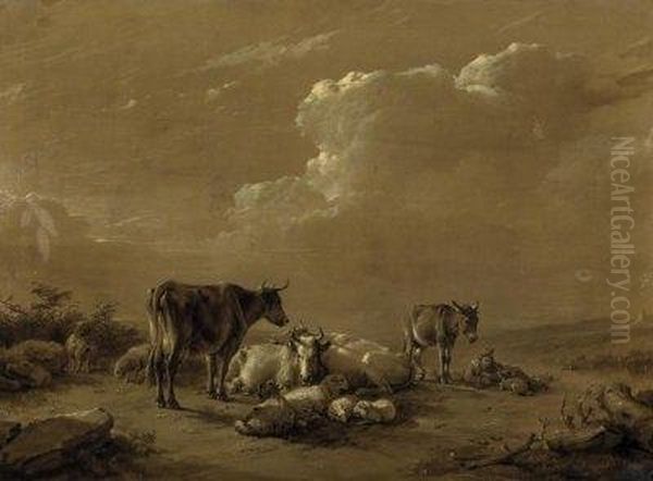 A Shepherd With His Donkey By 
The Cattle On The Fields. Grisaille Painting. Signed And Dated Bottom 
Right: Eugene Verboeckhoven 1867. Oil On Canvas. 50 X 69cm. Framed Oil Painting by Eugene Joseph Verboeckhoven