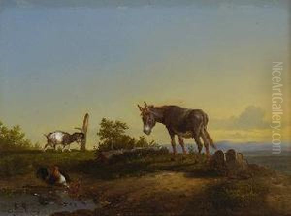 Esel, Ziegenbock Und Huhner Auf
 Der Weide. Oil Painting by Eugene Joseph Verboeckhoven