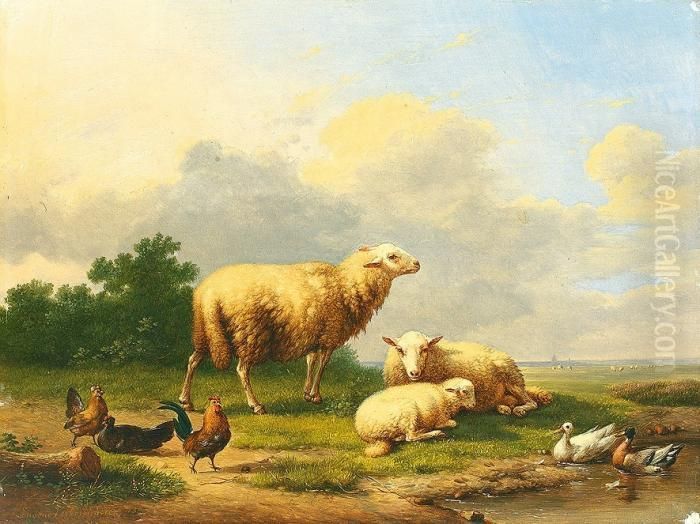 Ruhende Schafe Zwischen Enten Und Huhnern Auf Leichter Anhohe Mit Buschwerk Oil Painting by Eugene Joseph Verboeckhoven