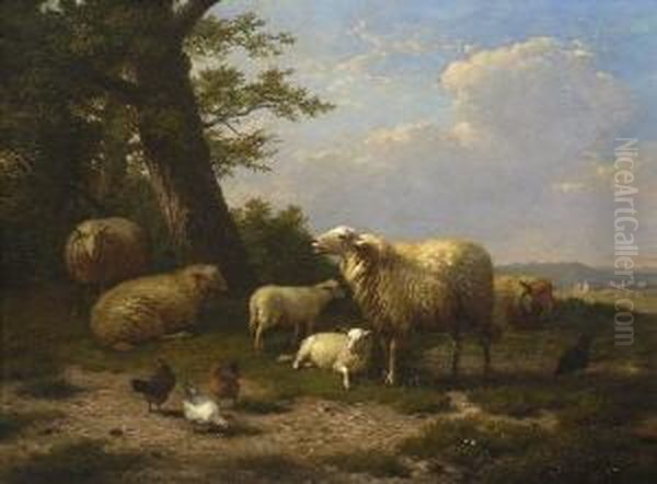 Ruhende Schafe Mit
 Huhnern Oil Painting by Eugene Joseph Verboeckhoven