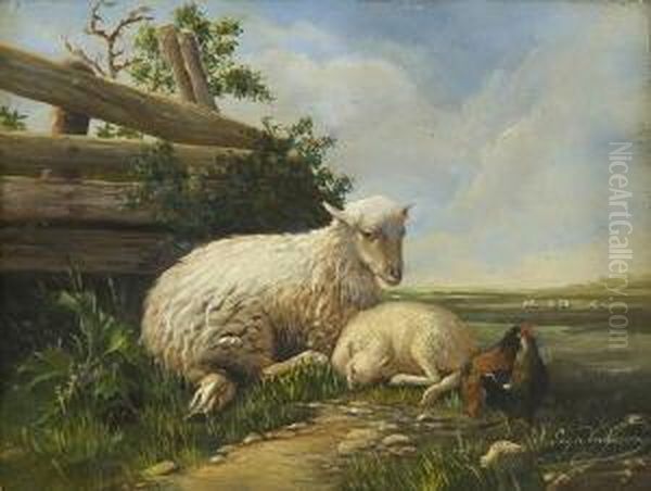 Mutterschaf Mit Lamm Und
 Huhnern. Oil Painting by Eugene Joseph Verboeckhoven