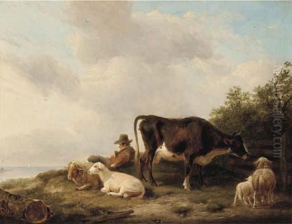 A Drover And His Flock On A Hillside Oil Painting by Eugene Joseph Verboeckhoven