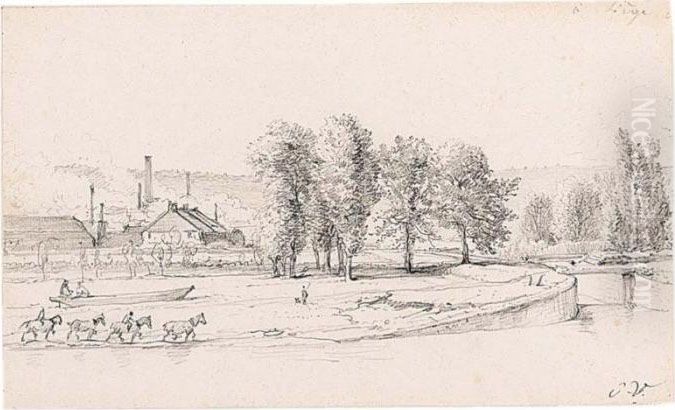 View On A Canal Near Liege Oil Painting by Eugene Joseph Verboeckhoven