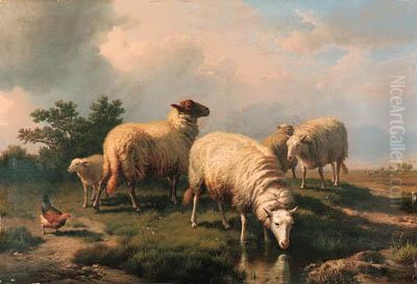 Sheep And A Chicken In A Landscape Oil Painting by Eugene Joseph Verboeckhoven