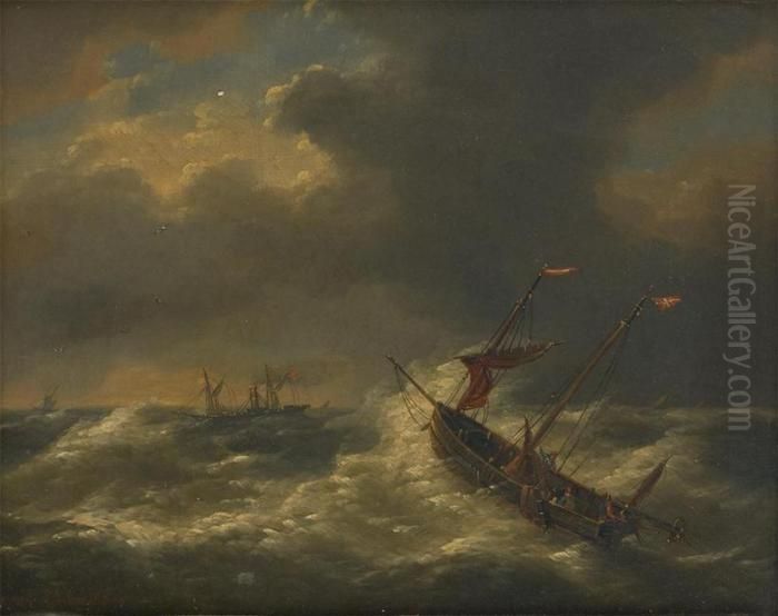 Bateau De Peche Et Vapeur Par Gros Temps Oil Painting by Louis Verboeckhoven