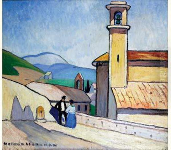 Deux Personnages Conversant Devant L'eglise D'ollioulles Oil Painting by Louis-Mathieu Verdilhan