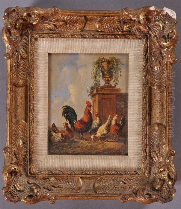 Cocks, Hens And Stone Urn In A Landscape Oil Painting by Albertus Verhoesen