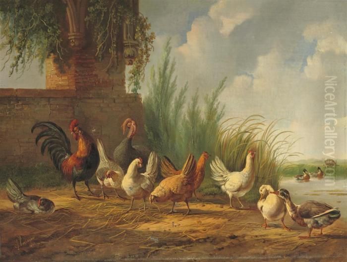 Poultry Near The Waterfront Oil Painting by Albertus Verhoesen