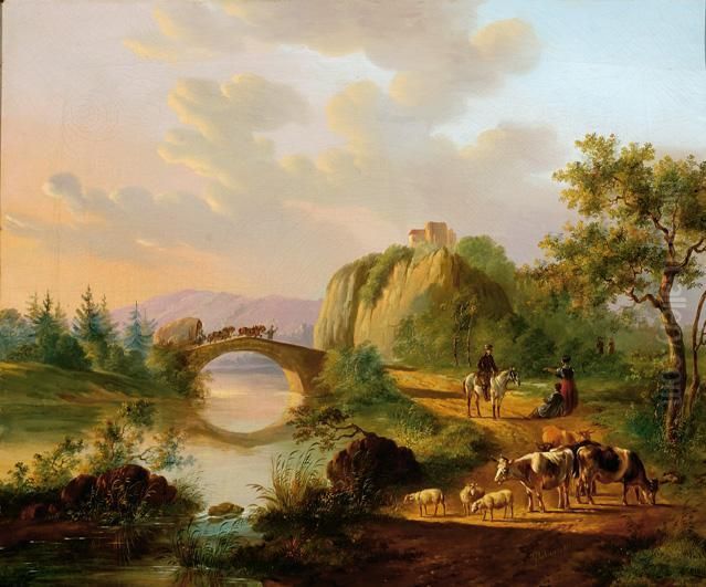 A Landscape With Figures And Cattle On A Sandroad Oil Painting by Albertus Verhoesen