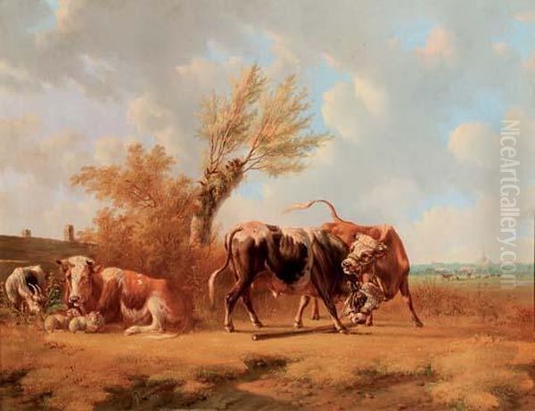 Fighting Bulls Oil Painting by Albertus Verhoesen