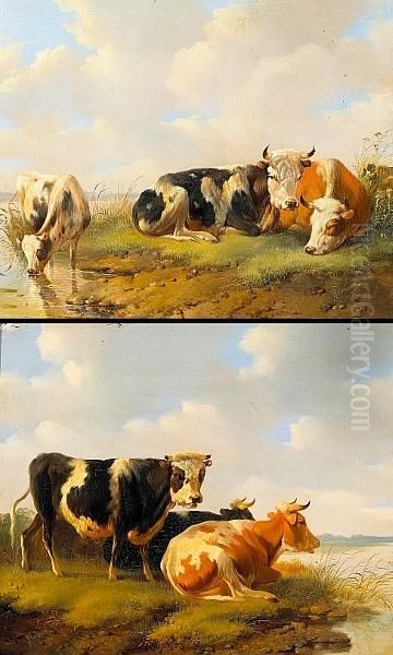 Cattle Resting At The Water's 
Edge; Also A Companion Painting Of The Same Subject (a Pair) Oil Painting by Albertus Verhoesen