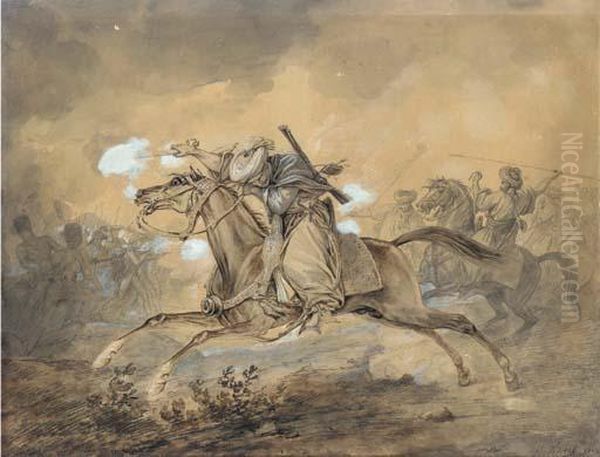 An Egyptian Horseman Blowing Up A
 Gun, The French Infantry Fightingthe Egyptians In The Background Oil Painting by Carle Vernet