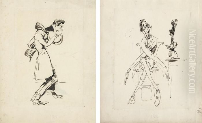 A Caricature Of A Gentleman 
Peering Through A Monocle; And Acaricature Of A Seated Gentleman, A Top 
Hat Under His Chair Oil Painting by Horace Vernet