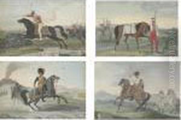 A Set Of Four Of The Royal 
Neapolitan Cavalry: A Member Of The Chevau-leger (the Light Horse); A 
Charging Member Of The Gardes D'honneur (guard Of Honour) Before The 
Casserta Palace; A Member Of The Velitea A Cheval (the Hussars) Before 
The Pal Oil Painting by Horace Vernet
