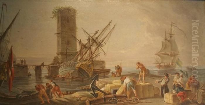 Harbor Scene With Men Unloading A Capsized Ship Oil Painting by Horace Vernet