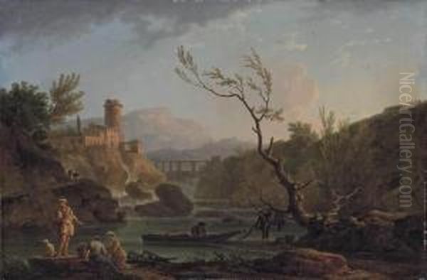A Capriccio View Of Montferrat 
At Dawn With The Gorges De Verdon And The River Nartuby, With Fishermen 
Unloading Their Catch Oil Painting by Claude-joseph Vernet