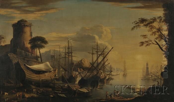 View Of A Seaport With Galleons In The Harbor Oil Painting by Claude-joseph Vernet