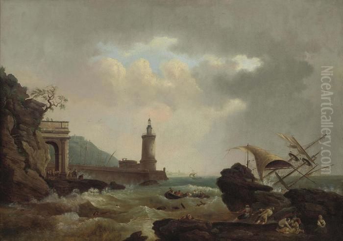 A Capriccio Of An Italian 
Lighthouse, With A Vessel Wrecked On The Rocks And Rescuers On The 
Foreshore Oil Painting by Claude-joseph Vernet