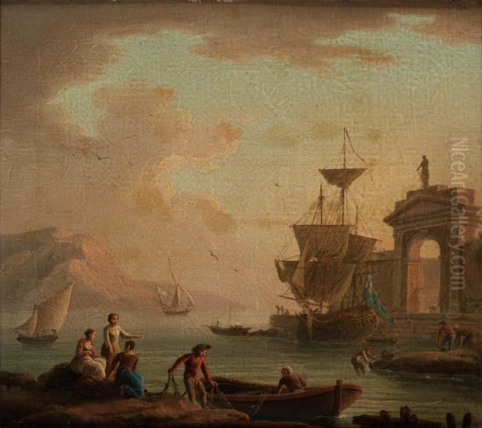 Follower Of 
Harbour In The South Of Europe Oil Painting by Claude-joseph Vernet
