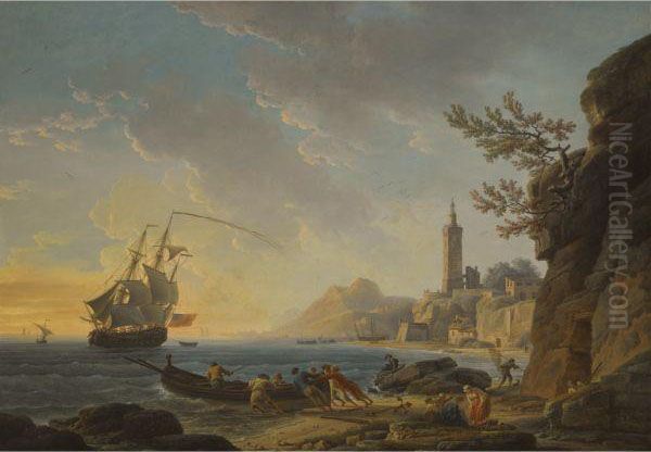 A Coastal Scene With A 
Lighthouse On The Cliffs And Fishermenwith Their Nets In The Foreground Oil Painting by Claude-joseph Vernet