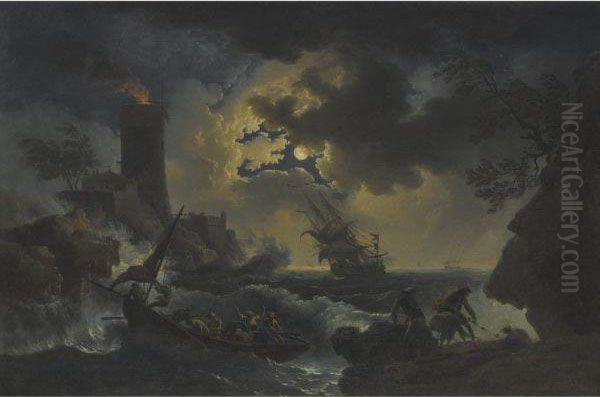 A Coastal Scene With A Ship, A 
Sailing Boat, A Lighthouse And Fisherman Landing Their Catch Oil Painting by Claude-joseph Vernet