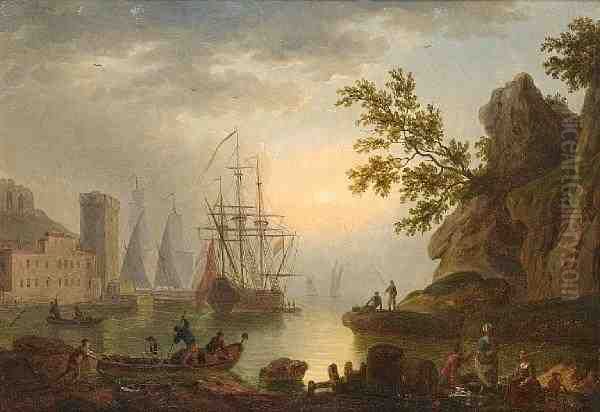 Fishermen And Other Figures 
Resting On A Rock,shipping And A Fortification In The Distance; Oil Painting by Claude-joseph Vernet