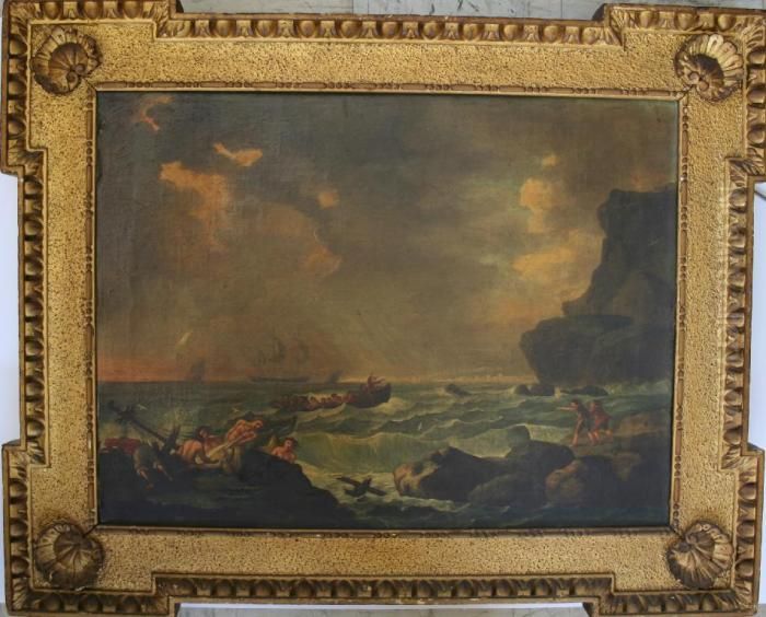 Coastal Scene With Figures On A Rocky Shore Oil On Canvas,
In A Gilt Frame Of Thomas Kent Design 44.5 X 59.5cm Oil Painting by Claude-joseph Vernet
