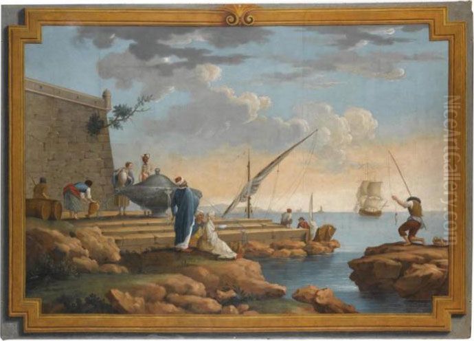 A Harbour Scene With Oriental Figures Near A Well In A Trompl'oeil Frame Oil Painting by Claude-joseph Vernet