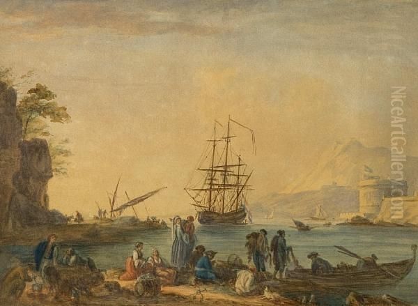 French Schooner At Its Mooring In Aharbour Oil Painting by Claude-joseph Vernet