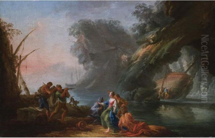 Ideallandschaft Mit
 Meeresbucht, Grotte Und Staffagefiguren Oil Painting by Claude-joseph Vernet