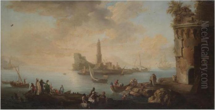 A Mediterranean Harbour Scene 
With Figures Unloading Freight From Boats And Tradesmen In The 
Foreground, A Lighthouse Beyond Oil Painting by Claude-joseph Vernet