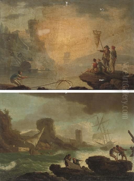 A Mediterranean Coastal Inlet At
 Sunset With Fishermen On The Bank, A Man-o'war And A Town Beyond; And 
Shipping In Choppy Seas With Fishermen In The Forerground Oil Painting by Claude-joseph Vernet