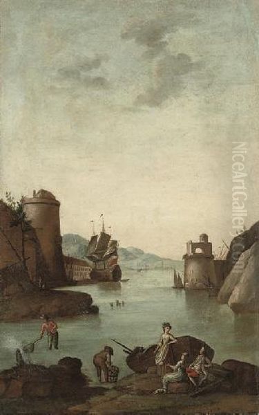 A Mediterranean Coastal Inlet 
With A Fortified Town, Figures Fishing In The Foreground And A Ship 
Beyond; And A Mediterranean Coastal Inlet With A Fortified Town, With 
Figures Fishing And Disembarquing From A Boat In The Foreground And A 
Ship Beyo Oil Painting by Claude-joseph Vernet