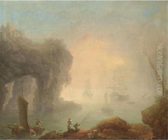 A Mediteranian Coast At Dawn 
With Fishermen And Merchants In The Foreground, Various Shipping In The 
Distance Oil Painting by Claude-joseph Vernet