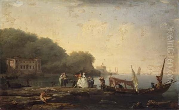 A Mediterranean Coastal 
Landscape With Elegant Company Disembarking From An Italian Gondola Oil Painting by Claude-joseph Vernet