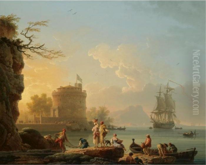 A Mediterranean Harbour Scene At
 Sunset, With Fishermen Unloading Their Catch Before A Round Fortress, A
 Man-of-war At Anchor Beyond Oil Painting by Claude-joseph Vernet