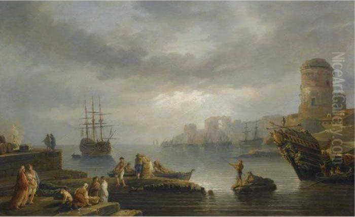 A Coastal Scene With Figures 
Unloading Goods From A Boat And A Harbour Beyond To The Right Oil Painting by Claude-joseph Vernet