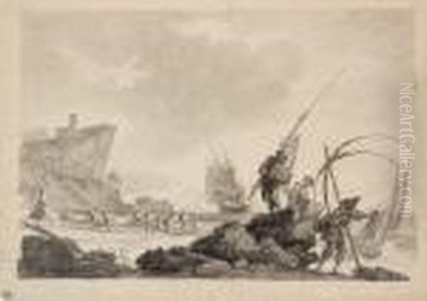 Vue D'une Plage Avec Des 
Rochers, Des Pecheurs Tirant Leurs Filets, Un Bateau Et Un Port I 
L'arriere-plan Oil Painting by Claude-joseph Vernet