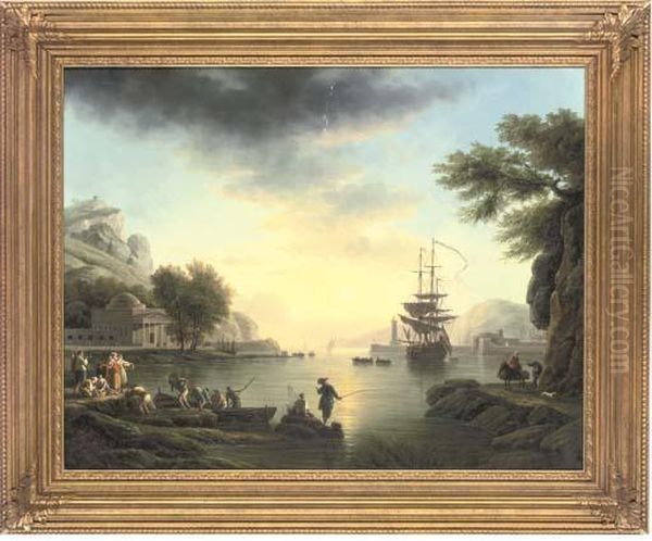 A Landscape At Sunset, With Fishermen Returning With Their Catch Oil Painting by Claude-joseph Vernet