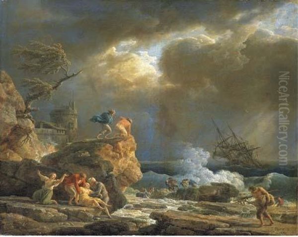 A Mediterranean Rocky Coastal 
Landscape With Survivors From A Shipwreck, By A Fortified Tower Oil Painting by Claude-joseph Vernet
