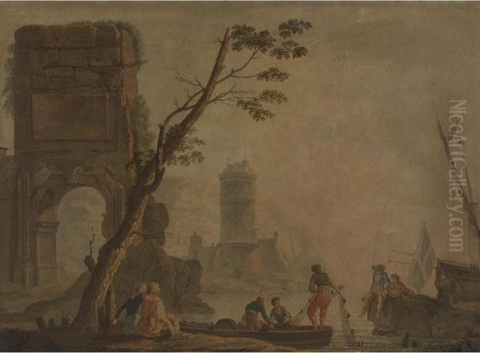 View Of A Port With Fishermen And Lighthouse Oil Painting by Claude-joseph Vernet