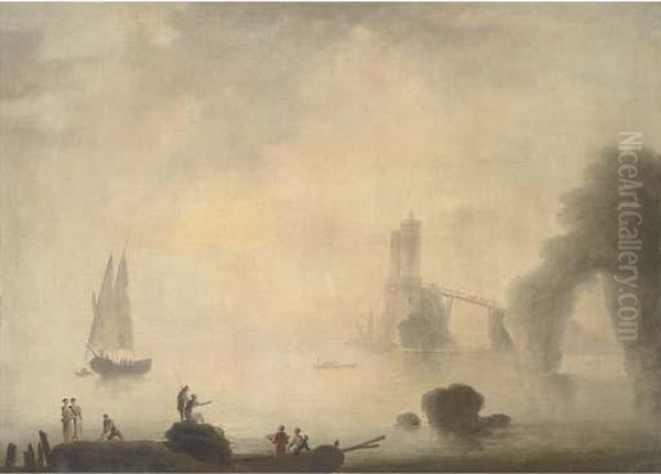 A Coastal Landscape In Early 
Morning With Fishermen On A Rockyforeground, A Tower By A Natural Arch 
Seen Through Mistbeyond Oil Painting by Claude-joseph Vernet