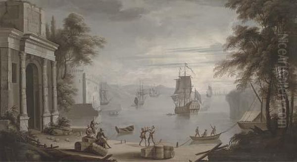 A Mediterranean Coastal Harbour,
 A Man'-o-war And Other Shipping With Figures On The Shore By Classical 
Buildings Oil Painting by Claude-joseph Vernet
