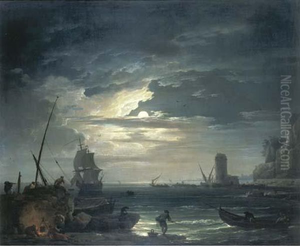 A Mediterranean Inlet By 
Moonlight With Fisherfolk Cooking By Arock, A Three-master About To Drop
 Anchor And A Tower Beyond Oil Painting by Claude-joseph Vernet