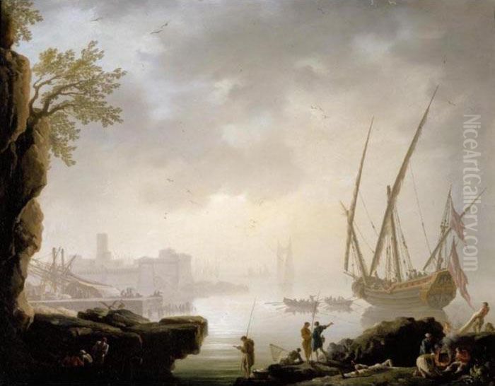 A Coastal Landscape With A 
Harbour In The Early Morning, Fishermen And Other Figures Warming 
Themselves In The Foreground, A Fortified Port Beyond Oil Painting by Claude-joseph Vernet