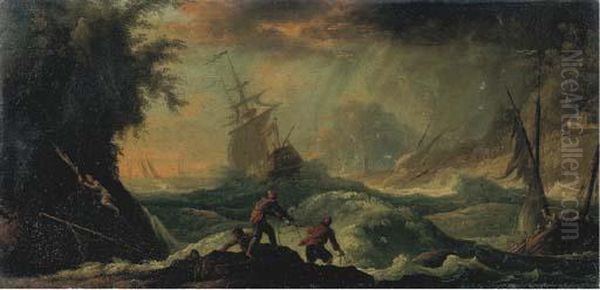 Burrasca Con Naufraghi Sugli 
Scogli; E Porto Con Marinai Sulla Banchina E Faro In Lontananza Oil Painting by Claude-joseph Vernet